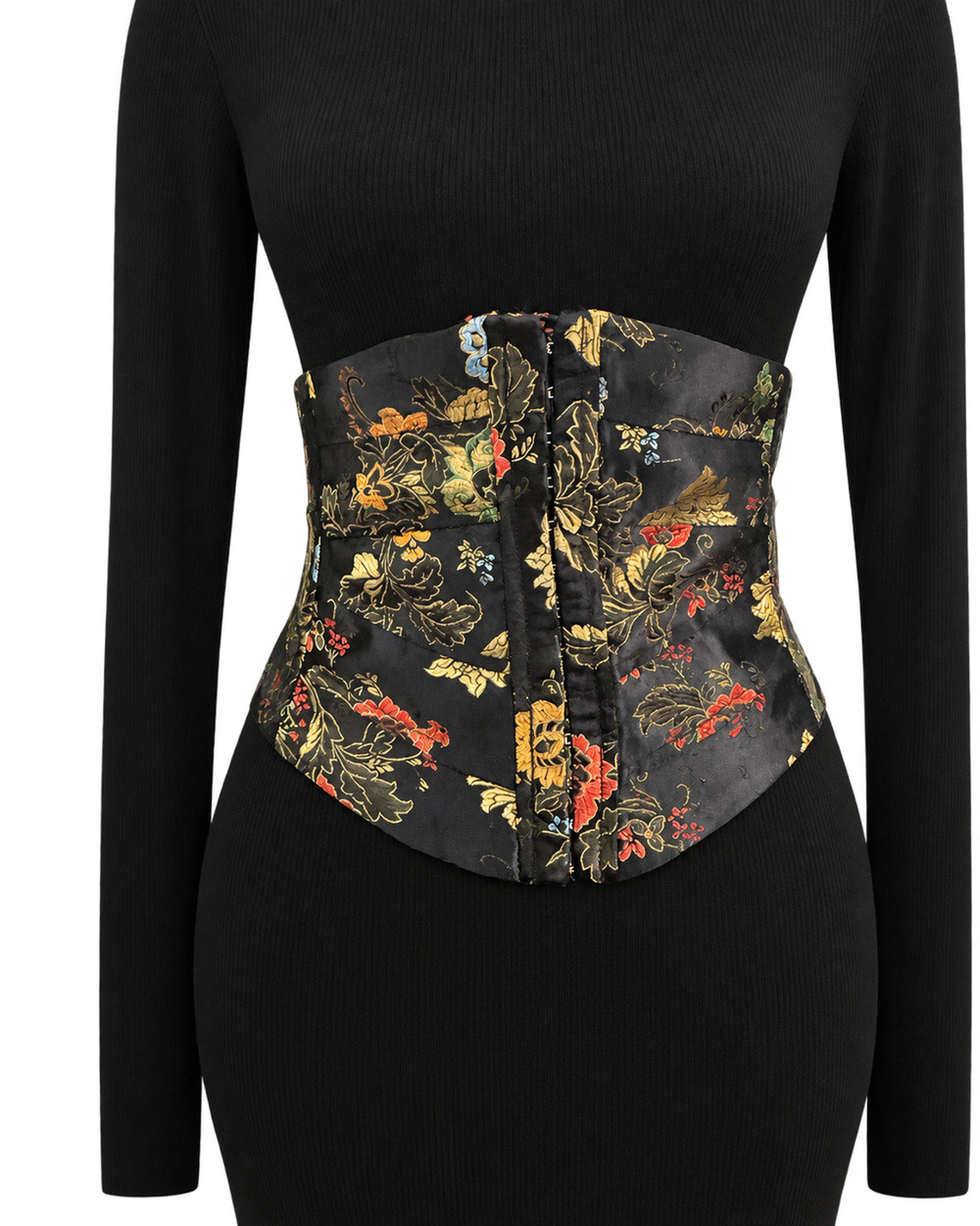 Floral Brocade Corset Waist Belt Black Satin Asian Inspired Y2K Obi Style
